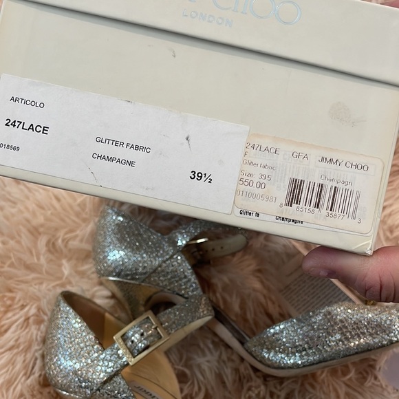 JIMMY CHOO | Articolo Champagne Gold Glitter Lace Peep Toe Pumps Size 39.5 | 9 - Picture 10 of 14